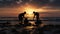 Two volunteers working tirelessly to clean up a polluted beach, with the silhouetted figures