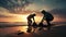 Two volunteers working tirelessly to clean up a polluted beach, with the silhouetted figures