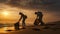 Two volunteers working to clean up a polluted beach, with the silhouetted figures