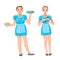 Two waitresses serving staff in a cafe. Vector characters design