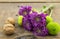 Two walnuts, green and purple chrysanthemums on wood ba