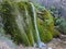 Two water streams flowing in green moss