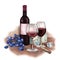 Two watercolor glasses of red wine, bottle, grapes, cheese and corkscrew