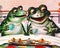 Two Watercolor Green Frogs in bed having Breakfast