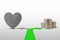 Two way arrows with heart and coins - Concept of choosing money over love