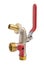 Two way brass bib cock tap. Nozzle cock on two outputs with red quarter turn handle. New brass water tap isolated on white