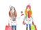 Two-way girls in winter coats with shopping bags