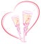 Two wedding champagne glass in heart shape