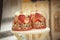 Two wedding crowns in the temple near the altar. The sacrament of wedding in the Orthodox church.