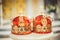 Two wedding crowns in the temple near the altar. The sacrament of wedding in the Orthodox church.