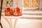 Two wedding crowns in the temple near the altar. The sacrament of wedding in the Orthodox church.