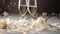 Two wedding festive glasses of alcoholic champagne with white roses, petals. AI generated.