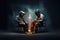Two welders sitting in chairs and looking at a glowing and sparkling cross. Christian concept