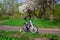 Two-wheeled white-purple bike with extra side wheels