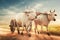 Two white asian oxen pulling wooden cart on dusty road. Myanmar