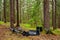 Two white bikes of cyclists lying on the needles floor in coniferous forest with all equipment. Bike with bags, helmet and