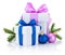 Two white boxs tied pink and blue ribbon bow, pine tree branch and christmas balls Isolated on white