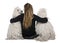 Two White Corded standard Poodles and a girl