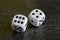 Two white dice gamble on a black background