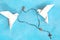 Two white dove origami carrying rosary or scapular in sky blue background.