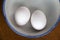 Two white eggs in blue-rimmed bowl