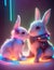 Two white fairy rabbits snuggling in neon lights. Easter Bunnies. Valentine's day. Generative AI