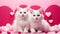 Two white fluffy cats in love are sitting next to each other on pink background with hearts