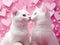 Two white fluffy cats in love are sitting next to each other on pink background with hearts