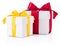 Two white gift boxes tied yellow and burgundy ribbon bow Isolate