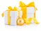 Two white gift boxes tied yellow ribbon bow and bauble Isolated