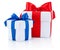 Two White gift boxs tied blue and red ribbons bow Isolated on white