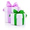 Two white gift boxs tied pink and green ribbons bow Isolated