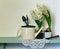 Two white hyacinthus with watering can and garden tools on wooden plank