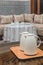 Two white jugs on the wooden table in Moroccan house