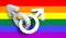 Two white linked male symbols, on the gay pride flag