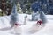 Two white rats are rolling snow balls. In the background a joyful snowman and a house