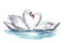 Two white Swan birds on a pond together, symbol of love, Valentine`s day card, wedding, art illustration painted with