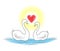 Two white swans. The birds in love swim in the water. The sun shines in the shape of the heart. Romantic love. Vector illustration