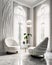 Two white tufted armchairs in white room with high ceiling. Interior design of modern living room. Created with generative AI