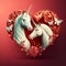 Two white unicorns in a beautiful fantasy heart, valentines image.