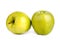 Two whole big green apples on white background isolated close up macro side view