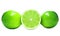 Two whole limes and one half lime on white background