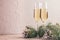 Two wineglasses of champagne with Christmas tree branches