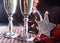 Two wineglasses of champagne and new year`s decoration