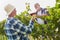 Two winemakers toast with a glass of red wine