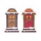 Two winter doors. Christmas decorated porch flat illustration