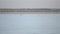 Two winter fishermen walking on frozen water storage reservoir