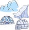 Two winter igloo houses, ice floe and snowing mountains