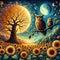 Two wise owl in a moon night perched on a branch of tree, with sunflowers blooming field, beautiful glow, bold painting