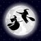 Two witches on a background of the full moon on Halloween night